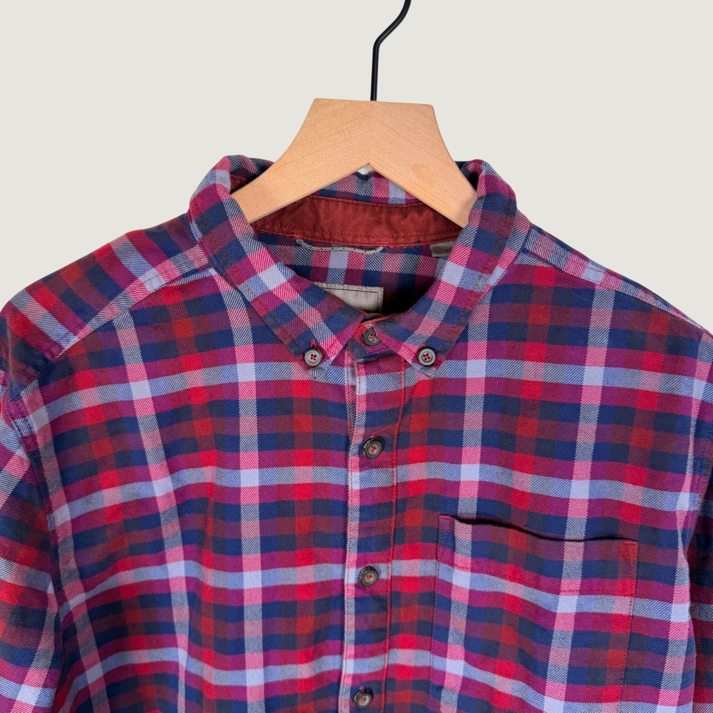 Royal Robbins Mens Large Plaid Flannel Shirt Organic Cotton Red Blue Outdoors